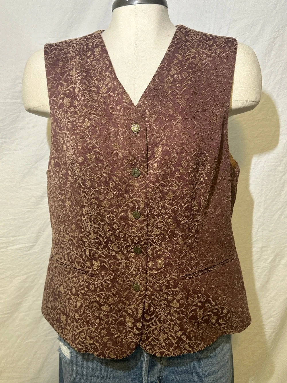 Vintage Talbots Brocade Vest Burgundy Gold Floral Tapestry USA Made Sz 12